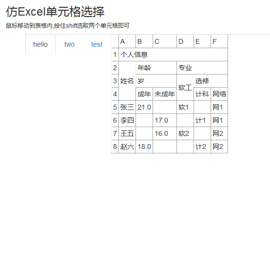 jquery仿Excel单元格选择特效源码