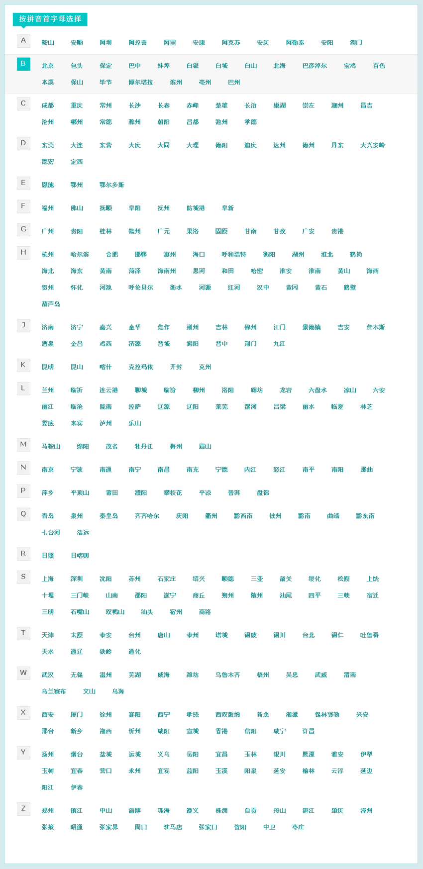 jquery文字列表全国地区城市选择代码