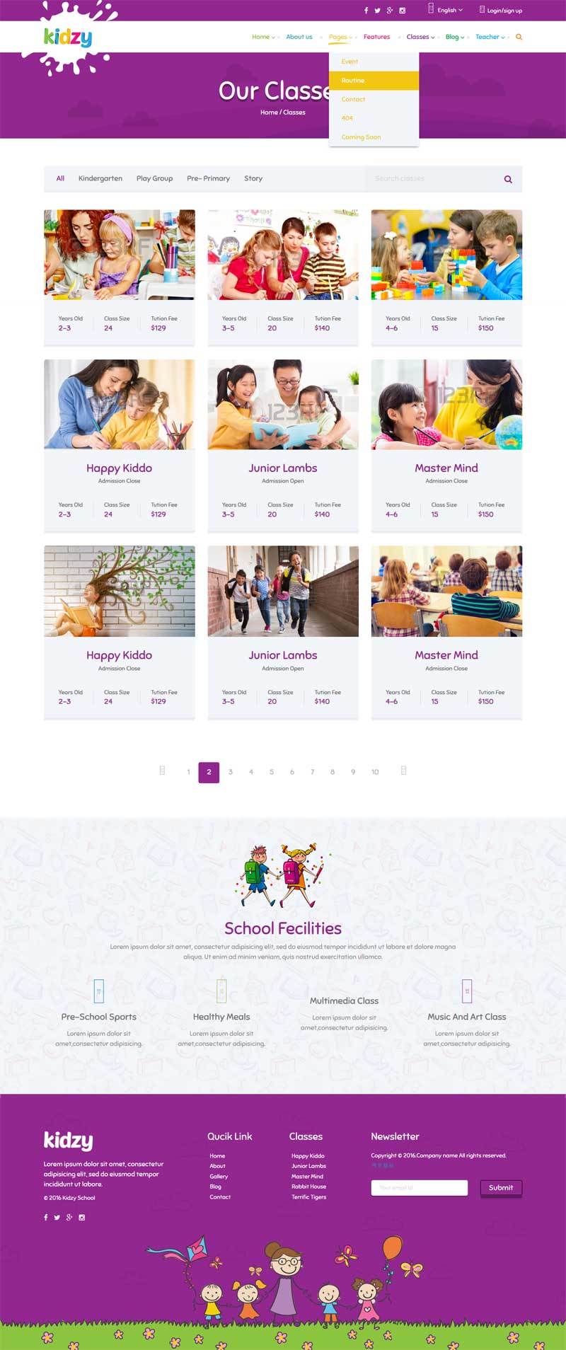 紫色卡通风格的儿童教育培训网站模板下载