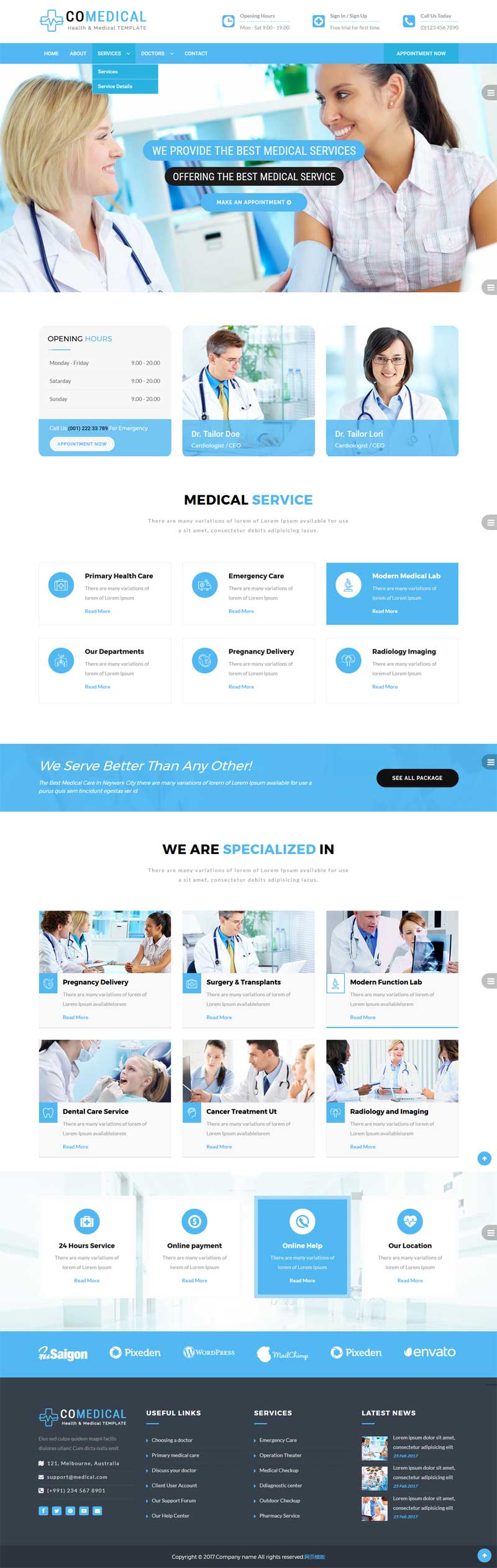 蓝色宽屏的医院医疗机构网站模板html整站