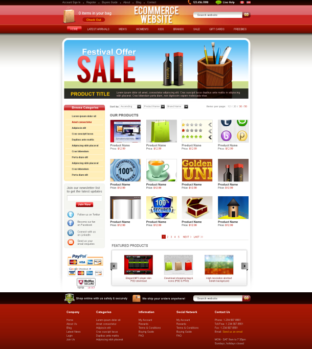 红色常列国外电子商城网站模板单页模板