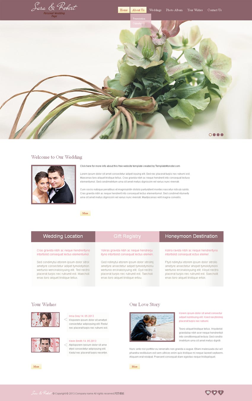 简单欧美风格粉色的婚礼策划公司网站html整站网页模板下载